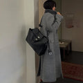 Grey Double-Breasted Long Coat with Notched Lapels