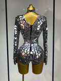 Luxury Rhinestones Mirrors Sexy Sheath Bodysuit Women Nightclub DJ Performance Costume Evening Party Celebrate Stage Wear
