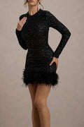 Solid Spliced Sequines Slimming Dresses for Women O Neck Long Sleeve Temperament Dress Female Fashion New