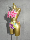 Sexy Tropical Handmade Flower Trendy Bikini Two Pieces Transparent Floral Swimsuit Beach Outfit Dancer Performance Costum