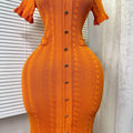 Women Single Breasted O-neck Short Sleeve Knit Ribbed Bodycon Midi Dress  Vacation Sexy Party Club Vestidos Dresses