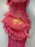 Women Strapless Sparkly Diamonds Ruffled Slit Long Dress Birthday Evening Party PhotoShoot Mesh See Through Nightclub Stage Wear