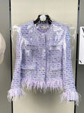 High Quality Elegant Violets Tweed Women Set Single-breasted Feather Beaded Tassel Jacket & High Waist Shorts Suit Fashion Party