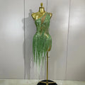Sexy Green One Shoulder See-Through Sparkly Rhinestones Tassel Dress Women Latin Dance Outfits Bar Nightclub Party Stage Costume