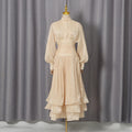 Luxury Afternoon Tea High Neck Pleated Maxi Dress for Women Puff Sleeve Ruched Waist Tiered Flared Skirt for Wedding Guest