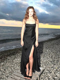 Elegant Satin Lace Long Dresses Women's Slip Backless Bandage High Slit Prom Maxi Dress Evening Party Night Out White Black
