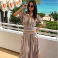 Boho Colorful Stripe Midi Skirt Set Turn Down Collar Single Breasted Long Sleeve Shirt Fitted Waist Flowy Women Skirts Outfits