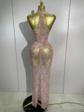 Women Sexy Mesh See Through Long Dress Elegant Sparkly Pink Diamond Eveing Party Nightclub DJ Stage Costume Photo Shoot Outfits