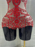 Sparkly Rhinestones Bodysuit Women Sexy Mesh Transparent Party Leotard Performance Costume  Singer Show Stage Wear