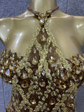 Sexy Crystal Mesh Halter Mini Dress Women Sheer Sequin Embellished Bodycon Outfit Birthday Party Nightclub Performance Costume