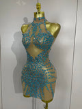 Sparkly Rhinestones Sexy Mesh See Through Mini Dress Party Evening Prom Celebrate Birthday Dress Singer Dancer Show Stage Wear