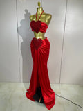 Women Evening Christmas Party Birthday Photoshoot Outfit Sexy Fashion Splicing Love Halter Crop Top & Long Skirt Two Piece Set