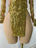 Sparkly Sequins  Gold Silver Mini Dress Women Sexy Split Nightclub Party Performance Dresses Birthday Celerbity Stage Outfit
