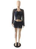 Glitter Sequins Knitted Skirt Sets Women 3 Piece Outfit Vacation Festival Clothing Sheer Top and Mini Skirt Matching Sets