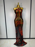 Women Mesh See Through Sparkly Rhinestone Sexy Backless Maxi Long Dress Evening Party Luxury Birthday Dress Shiny Stage Costume
