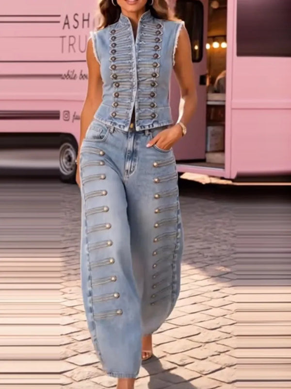 Women Denim Two Piece Set Sleeveless Vest Wide Leg Pants Rivet Decor Vintage Streetwear Trendy Autumn Spring