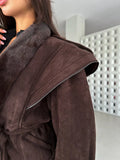 Women Brown Faux Fur Trim Suede Jacket Tie Belt Lapel Collar Long Sleeve Casual Chic Fall Winter Lady Commute Warm Outerwear New