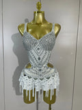 Sparkly Silver Rhinestones Tassels White Bodysuit Dress Women Sexy Eveing Party Dancer Nightclub Stage Team Performance Costume