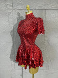 Lady Fish scales shell sequins Scale Sequin Bodysuit HighNeck Short Sleeve Ruffle Skirt Costume For Women Nightclub Stage Wear