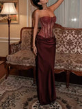 Luxury Strapless Corset Mermaid Maxi Dress for Women Lace Bodice Satin Ruched Skirt for Formal Evening Party Prom Long Gown