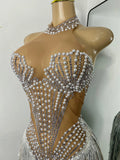 Sparkly Rhinestones Pearls Women Sexy Sleeveless High Split Mesh See Through Birthday Dress Nightclub Party Performance Costume