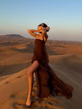 Brown Glitter Chiffon Tiered Maxi Dress Elegant One Shoulder Square Neck Flowy dresses 2026 Summer Formal Wedding  Party gowns