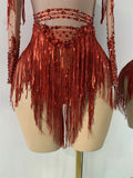 Women Sexy Long Sleeve Spandex Beading Tassels Skiny Bodysuit Performance Dance Costume Nightclub Party Outfit
