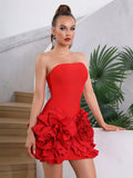 2026 Ladies 3D Flowers Strapless Tight Backless Design Celebrity Club Party Red Sleeveless Sexy Mini Bandage Dress