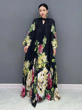 Printed Dress For Women Fashion O-neck Draped Lace Up Waist A-line Casual Vestido Robe Female Autumn