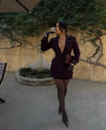Burgundy Slim Fit Women Blazer Notched Lapel Single Breasted With Pockets Loose Hem Elegant Coat Banquet Outfit Female Clothing