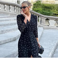 Sexy V-neck Polka Dot Long Dress Women Middle Sleeve Waist-cinching Slit Maxi Dresses Female Summer Chic Evening Party Dresses