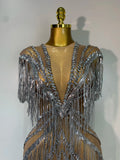 Luxury Sparkly Diamonds Tassels Sexy Mesh See Through Dress Women Evening Birthday Party Nightclub Bar Singer Stage Costumes
