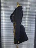 Handmake Women Long Sleeve Golden Beading Deep V-Neck Bodycon Mini Dress Celebrate Birthday Photo Shoot Performance Costume
