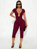 Weird Puss Irregular Low-Neck Playsuit Women Trend Wild Sexy Short Sleeve Patchwork Classic Fashion Simple Stretch Streetwear