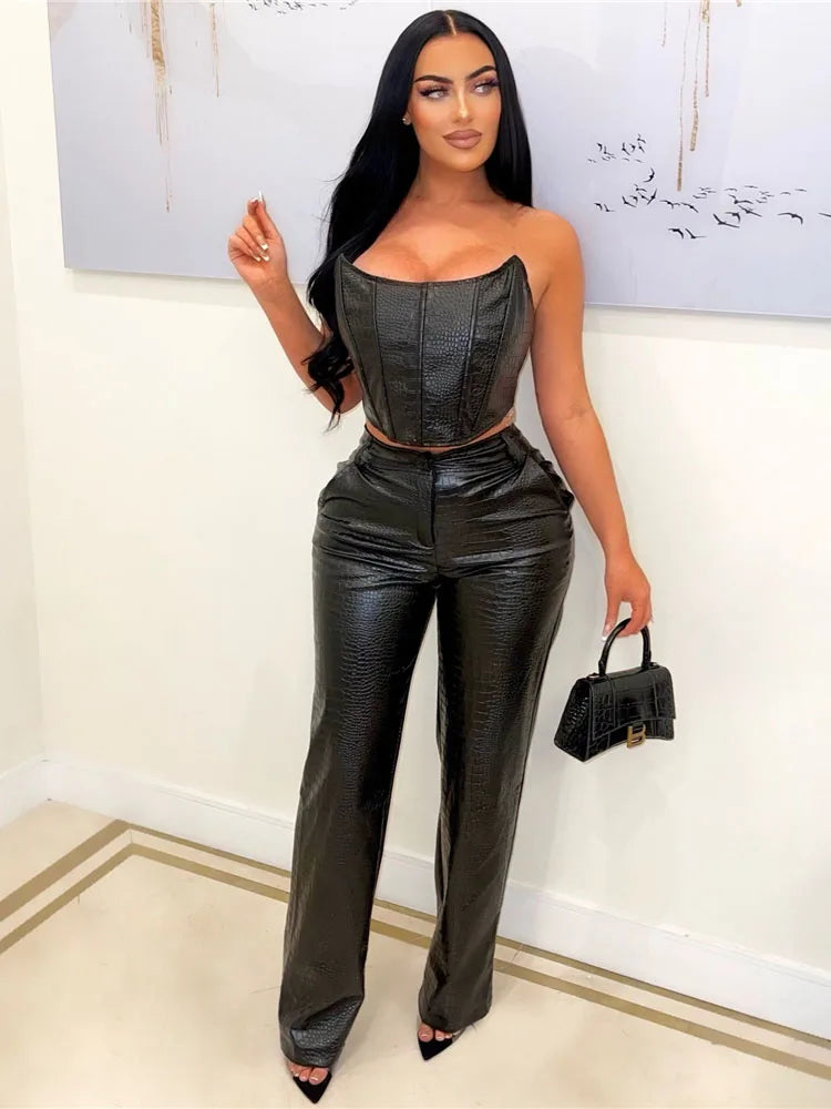 Women's Green Corset Cut-Out Cargo Sexy Sleeveless Jumpsuits PU Leather Matching Set Sexy Clubwear 2 Piece Outfits