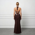 Women Metallic Trim 2 Piece Set Halter Deep V Cutout Crop Top High Waist Ruched Draped Mermaid Skirt Suit Lady Evening Outfit