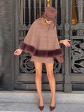 Women Plaid Fur Trim Cape Mini Skirt Set High Neck Checkered Shawl Coat Short Skirt Two Piece Outfit 2026 Autumn Elegant Suit
