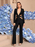 Bandage Elastic Pantsuit Women's Suit Black Sexy Hollow Jacket+Wide Leg Pants Two Piece Set