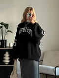 Women's Letter Printing Knit Sweater Fashion O-neck Distressed Hem Oversized Pullover Lady Autumn Casual Streetwear Tops