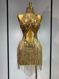 Women Birthday Party Rhinestones Tassels Transparent Short Dress Dance Show 2025 New Sexy Fashion Gold Sparkly Stage Costume