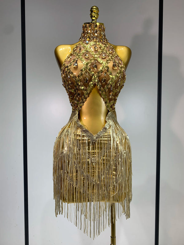 Women Birthday Party Rhinestones Tassels Transparent Short Dress Dance Show 2025 New Sexy Fashion Gold Sparkly Stage Costume