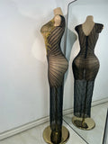 Sparkly Rhinestones Gold Black Long Dress Women Evening Prom Birthday Gown Sexy Transparent Performance Costume Stage Wear