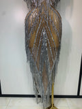 Luxury Sparkly Diamonds Tassels Sexy Mesh See Through Dress Women Evening Birthday Party Nightclub Bar Singer Stage Costumes