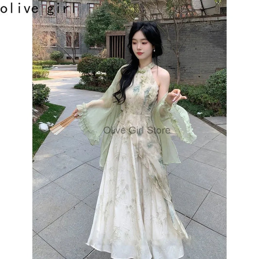 Olive Girl Flowing Sleeve Qipao for Ren Faire 2026 Garden Wedding Fairycore Photoshoot Everyday Wear S-XXL XS-3XL Plus Size Flowing Sleeve Romantic Cottagecore Garden Party Editorial Not Costume Qipao Cheongsam Chinese Dress Chinese Heritage Fashion Women