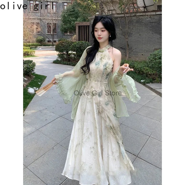 Olive Girl Flowing Sleeve Qipao for Ren Faire 2026 Garden Wedding Fairycore Photoshoot Everyday Wear S-XXL XS-3XL Plus Size Flowing Sleeve Romantic Cottagecore Garden Party Editorial Not Costume Qipao Cheongsam Chinese Dress Chinese Heritage Fashion Women