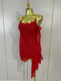 Women Sexy Strapless Backless Red Lace Split Mni Bodycon Dress With Gloves Celebrity Elegant Evening Club Birthday Party Outfit
