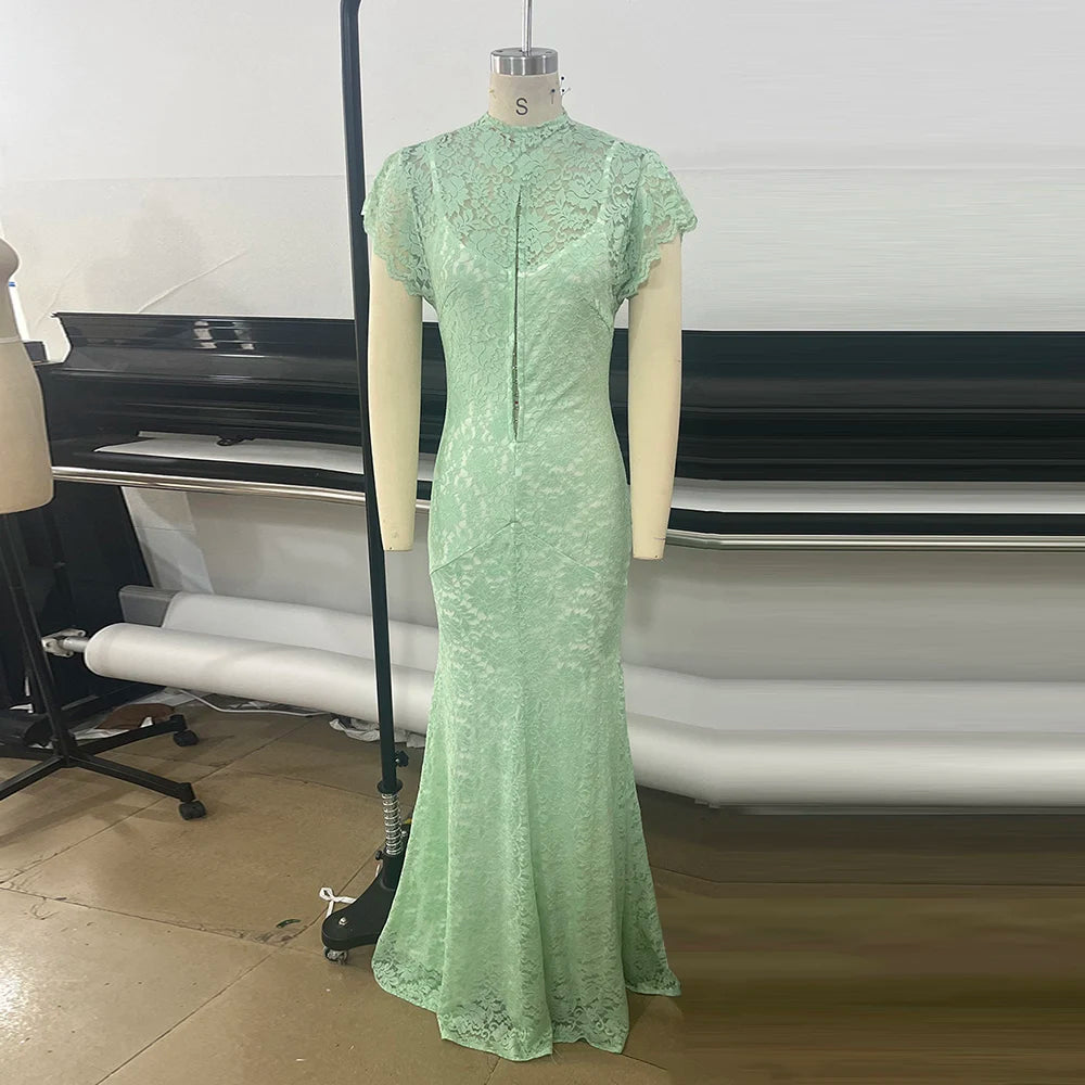 Elegant Lace Long Dress Women's Flying Sleeve Bodycon 2-piece Dress Evening Party Cocktail Female Winter Autumn
