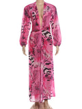 Tiger Stripe Print Long Dress Woman Autumn Trend Deep V-Neck Backless Lantern Sleeve Beach Party Elegant Vestidos