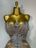 Women Sexy Strapless Rhinestones  Mini Dress Performance Costume See Through Stage Dancer Club Evening Party Birthday Dress