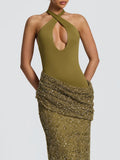 Glam Halter Cutout Maxi Dress for Women Solid Sleeveless Bodice Sequin Draped Wrap Skirt Back Slit for Evening Occasions